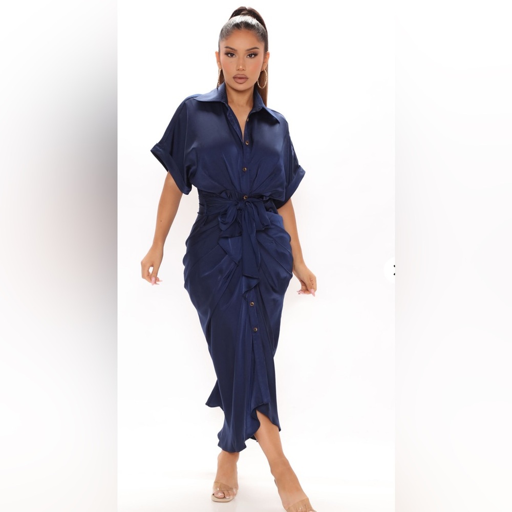 Stylish Navy Blue Satin Shirt Dress